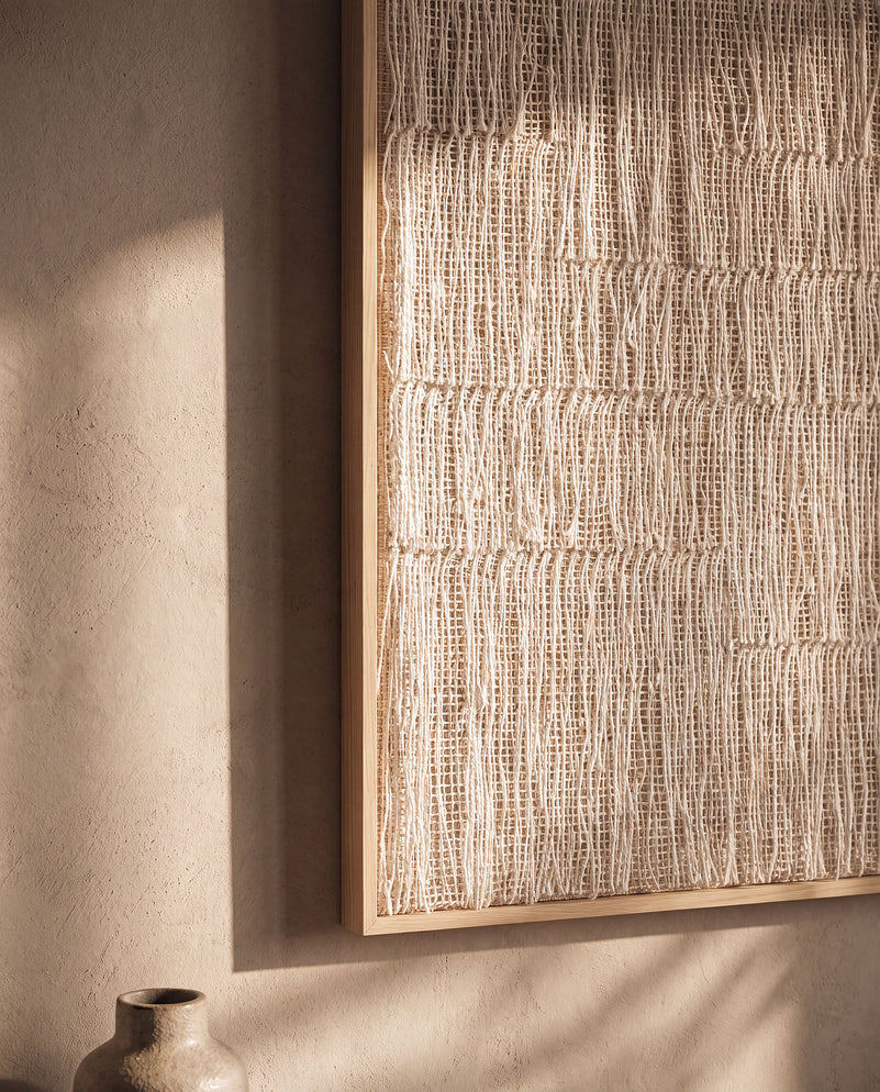 Corner detail of the Estheté framed two-ply wool tapestry showing the solid wood frame, by Lale Studio & Shop