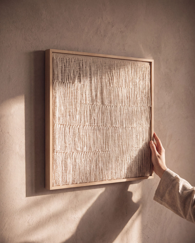 Estheté framed woven wall art in neutral beige, minimalist handwoven two-ply wool tapestry by Lale Studio & Shop