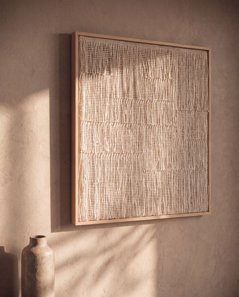 Estheté handwoven two-ply wool tapestry in a wooden frame lit by warm side sunlight, textile wall decor by Lale Studio & Shop