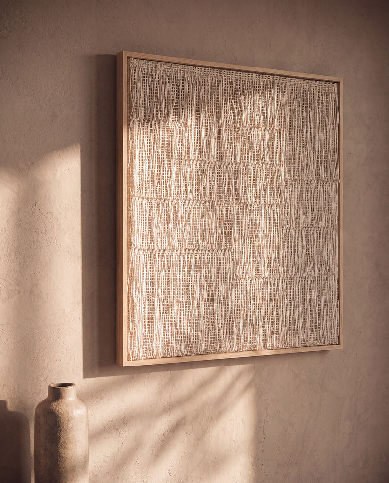 Estheté handwoven two-ply wool tapestry in a wooden frame lit by warm side sunlight, textile wall decor by Lale Studio & Shop