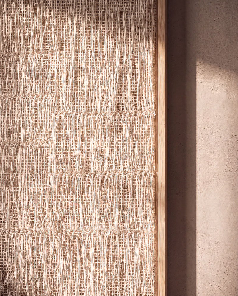 Close-up of the Estheté open weave in two-ply wool with natural fibre halo and fringe detail, handwoven texture by Lale Studio & Shop