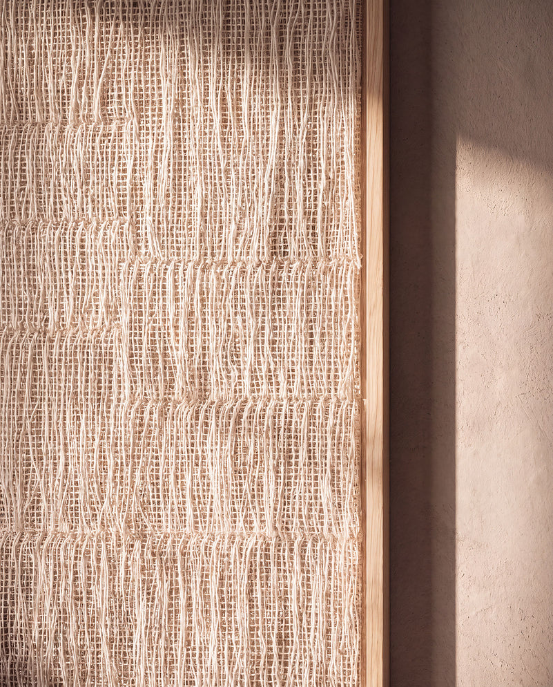 Close-up of the Estheté open weave in two-ply wool with natural fibre halo and fringe detail, handwoven texture by Lale Studio & Shop