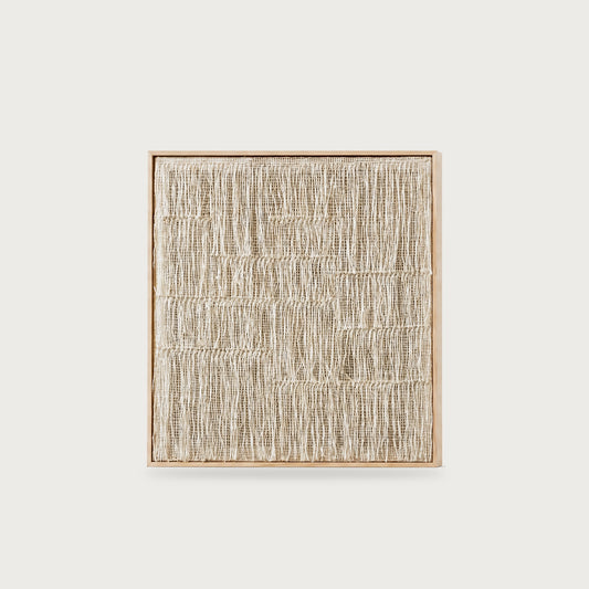 Estheté handwoven two-ply wool tapestry in a solid pine frame, raw white open weave with vertical fringe, framed textile wall art by Lale Studio & Shop