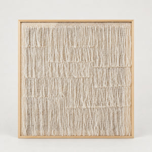 Esthete square handwoven ivory wool artwork with irregular hanging loops in a natural pine frame, full front view