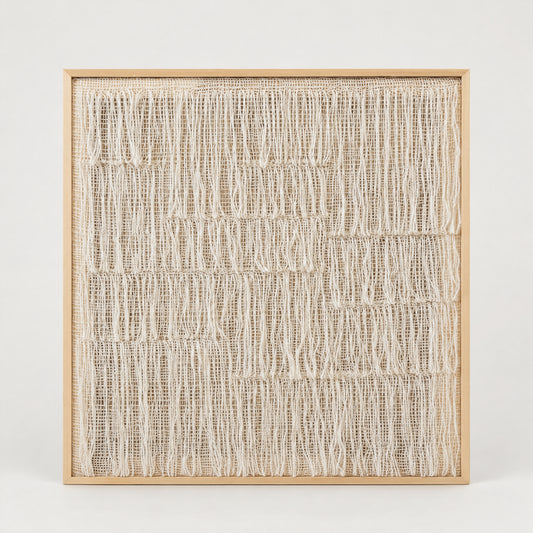 Esthete square handwoven ivory wool artwork with irregular hanging loops in a natural pine frame, full front view