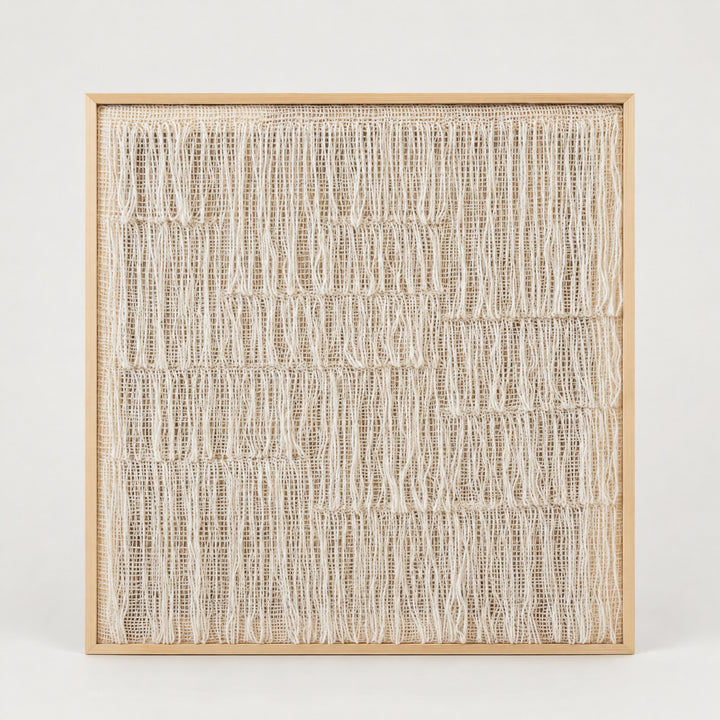 Esthete square handwoven ivory wool artwork with irregular hanging loops in a natural pine frame, full front view