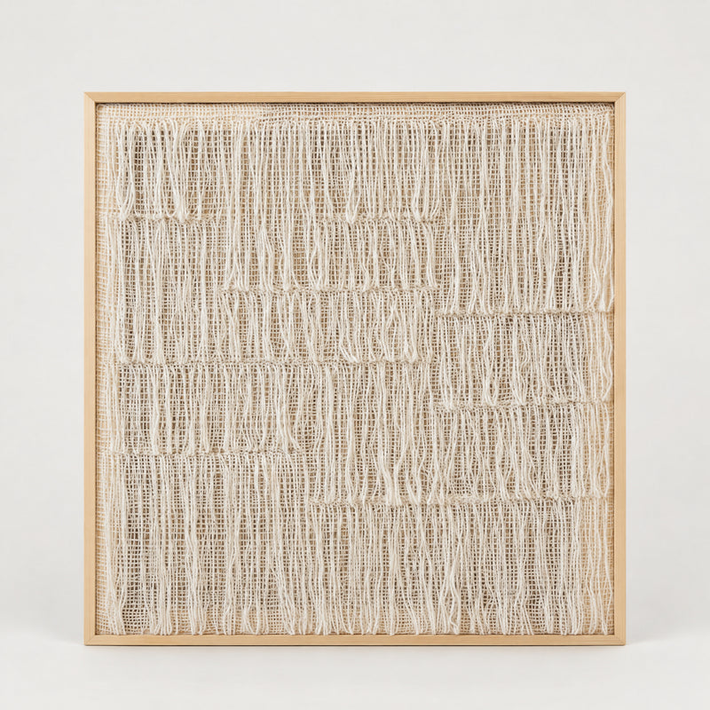 Esthete square handwoven ivory wool artwork with irregular hanging loops in a natural pine frame, full front view