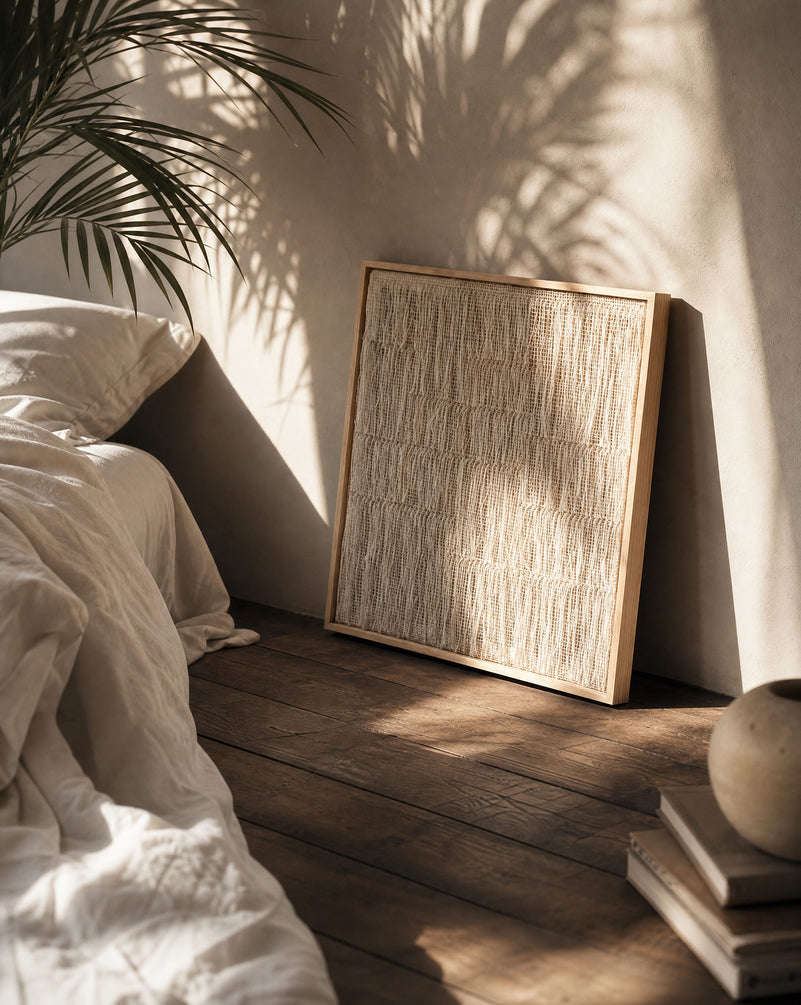 Estheté woven wall decoration in two-ply wool in a calm Japandi bedroom, natural wool art by Lale Studio & Shop