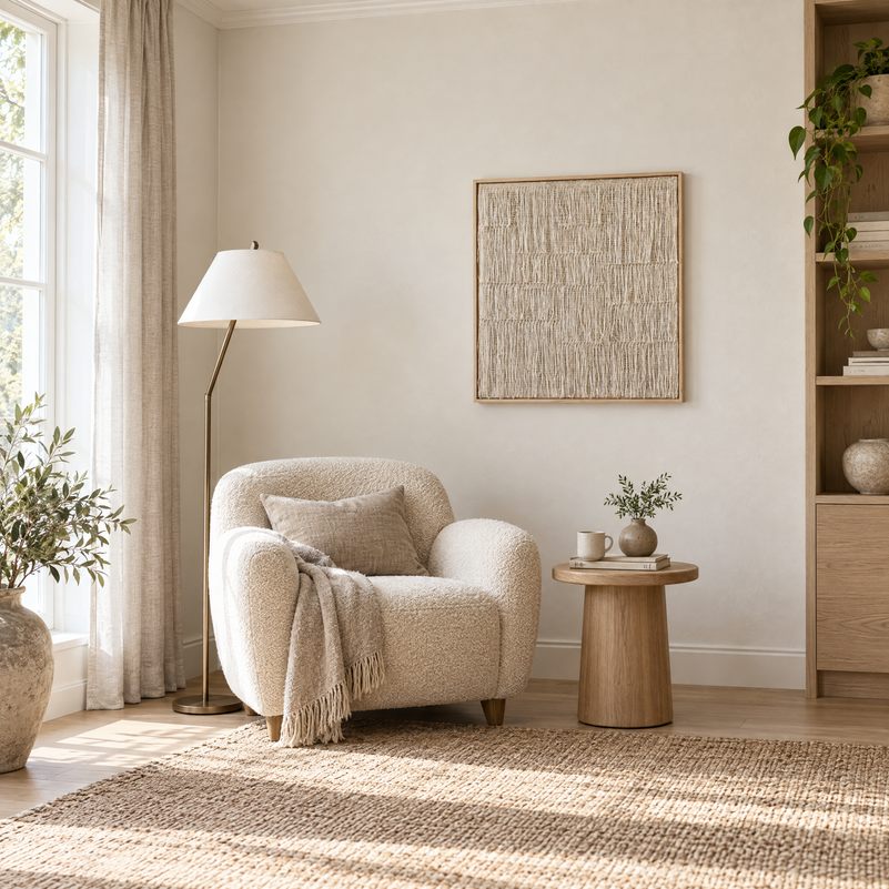 Esthete framed handwoven wool tapestry 80x80 cm in a reading corner above a boucle armchair, Lale Studio Shop