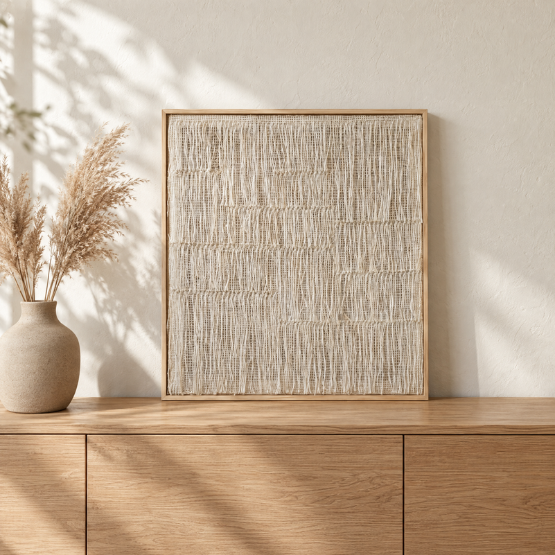 Esthete framed handwoven wool tapestry standing on an oak sideboard in a warm Japandi interior, Lale Studio Shop