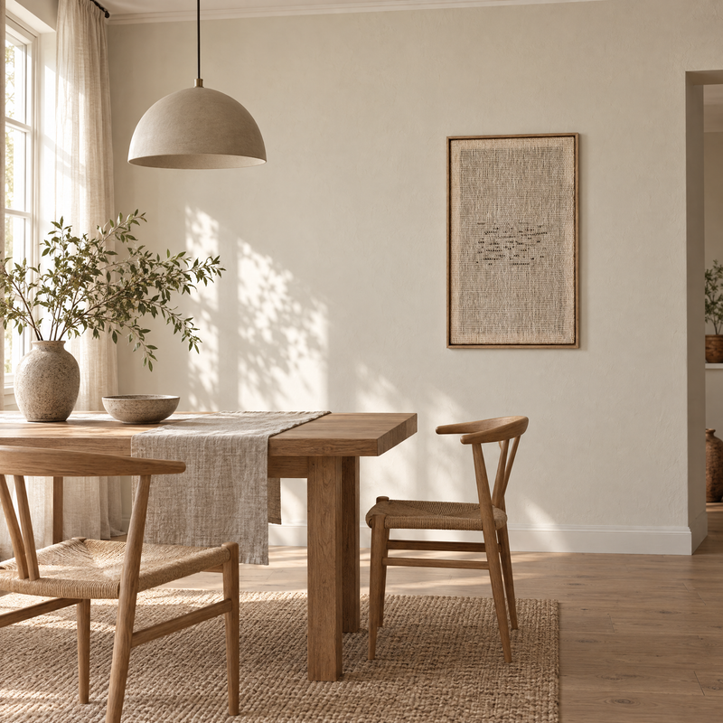 Flun framed handwoven wool tapestry 60x100 cm in a dining area beside an oak table, Lale Studio Shop