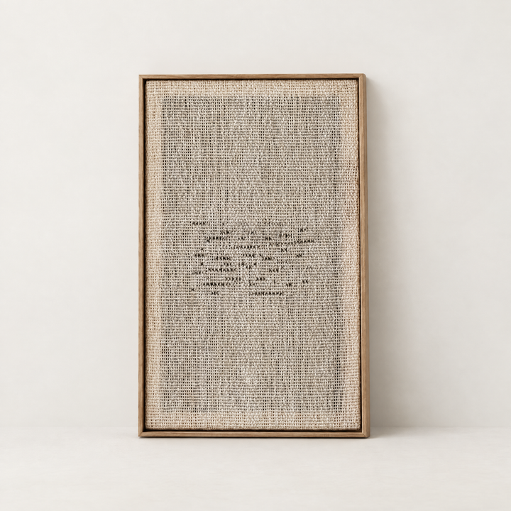 Flun handwoven two-ply wool tapestry in a slim pine frame, minimalist framed textile wall art by Lale Studio & Shop