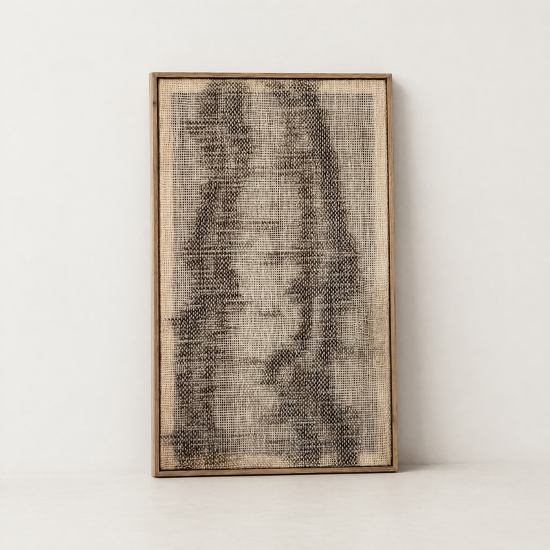 Flus handwoven two-ply wool tapestry in a slim pine frame, minimalist framed textile wall art by Lale Studio & Shop