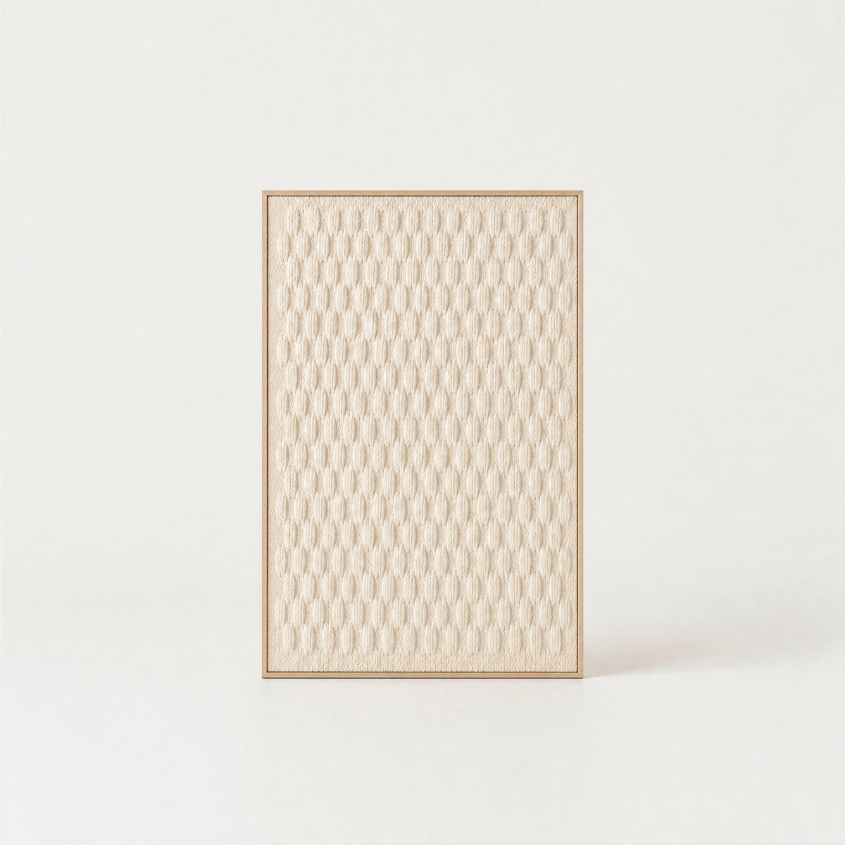 Framed 1 minimalist handwoven two-ply wool tapestry with an all-over textured relief weave in natural cream in a slim pine frame, framed textile wall art by Lale Studio & Shop