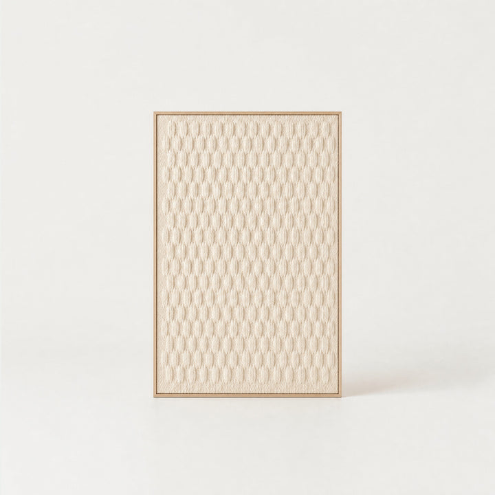 Framed 1 minimalist handwoven two-ply wool tapestry with an all-over textured relief weave in natural cream in a slim pine frame, framed textile wall art by Lale Studio & Shop