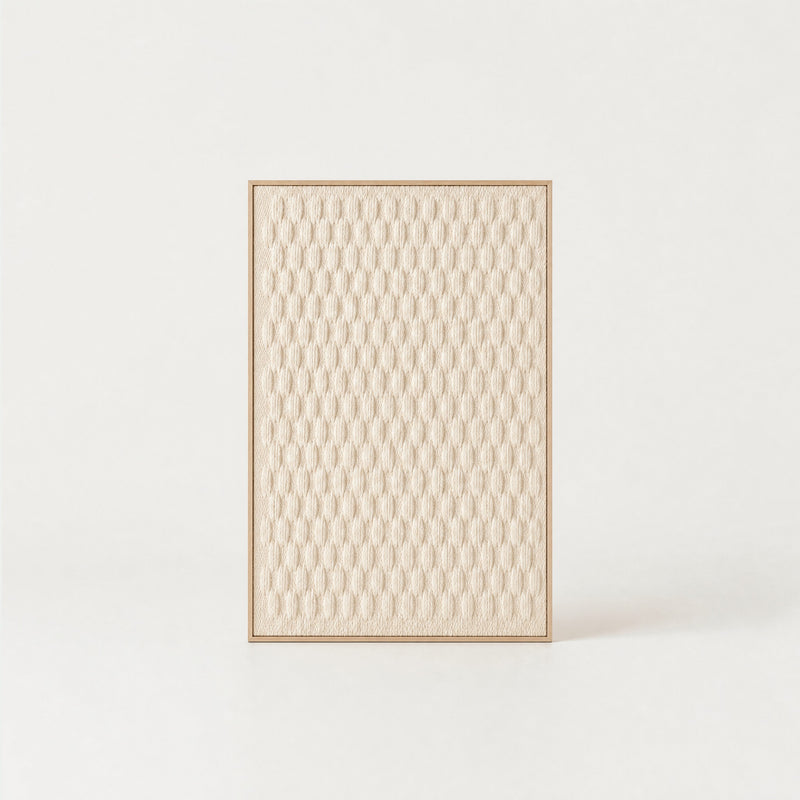 Framed 1 minimalist handwoven two-ply wool tapestry with an all-over textured relief weave in natural cream in a slim pine frame, framed textile wall art by Lale Studio & Shop