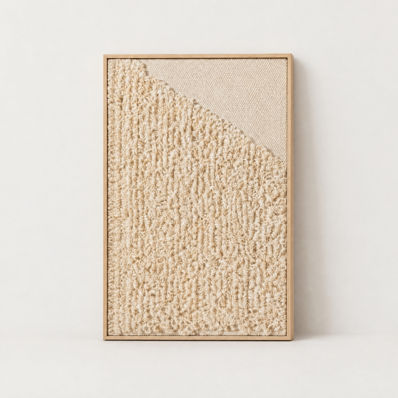 Framed 5 handwoven two-ply wool tapestry with looped relief in a slim pine frame, Lale Studio & Shop