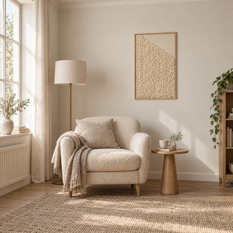 Framed 5 handwoven wool tapestry 60x100 cm in a reading corner above a boucle armchair, Lale Studio Shop