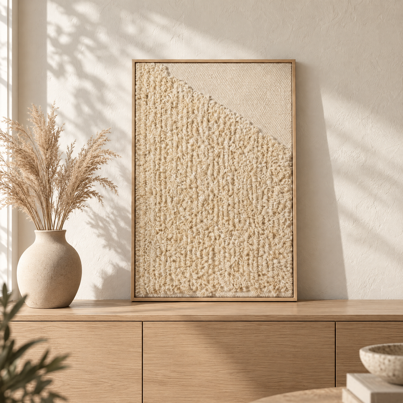 Framed 5 handwoven wool tapestry standing on an oak sideboard in a warm Japandi interior, Lale Studio Shop