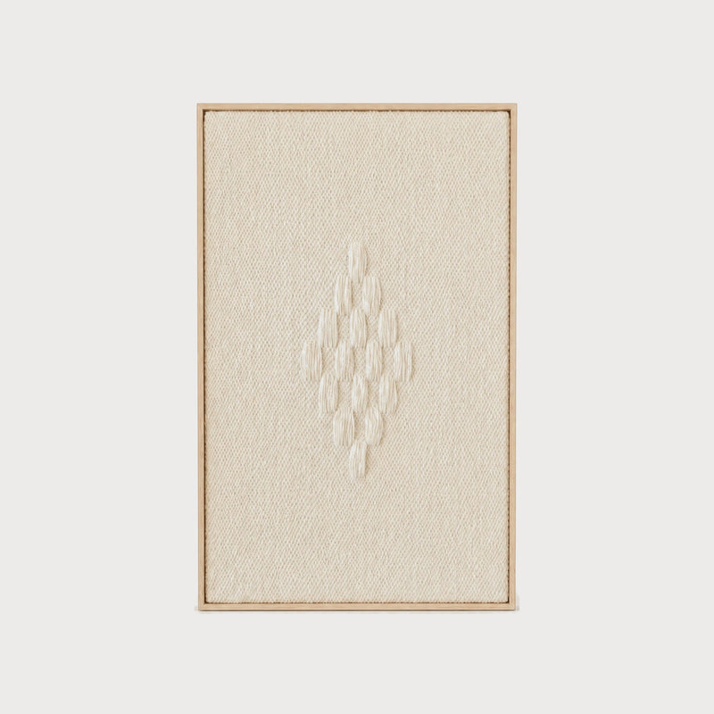 Framed 7 handwoven two-ply wool wall hanging in wabi sabi spirit, solid wooden frame, by Lale Studio & Shop