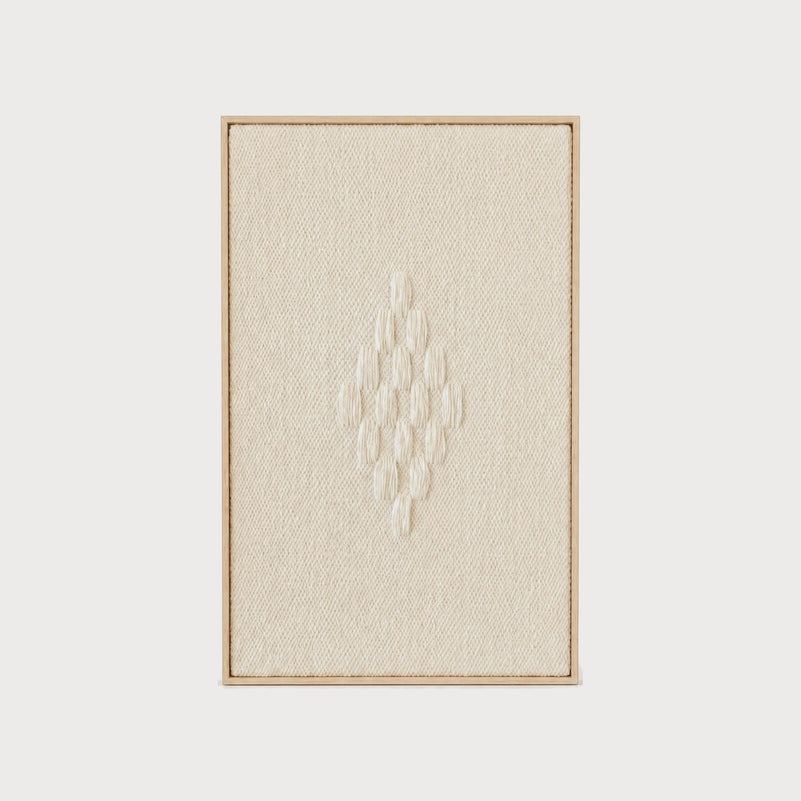 Framed 7 handwoven two-ply wool wall hanging in wabi sabi spirit, solid wooden frame, by Lale Studio & Shop