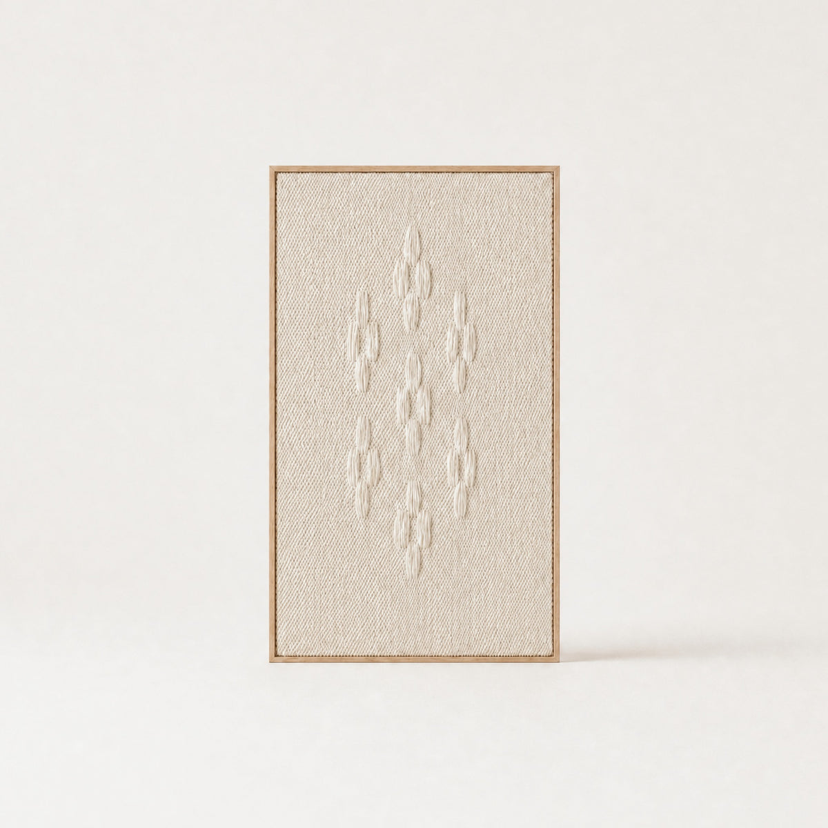 Framed 8 large minimalist handwoven two-ply wool tapestry in natural cream in a slim pine frame, framed textile wall art by Lale Studio & Shop