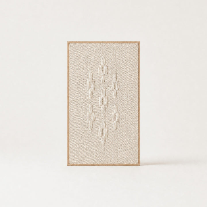 Framed 8 large minimalist handwoven two-ply wool tapestry in natural cream in a slim pine frame, framed textile wall art by Lale Studio & Shop