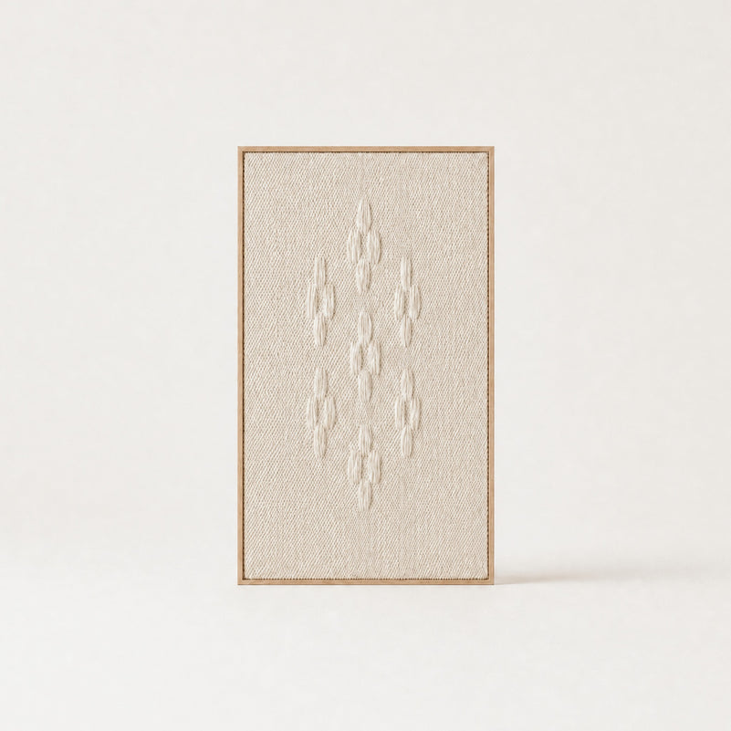 Framed 8 large minimalist handwoven two-ply wool tapestry in natural cream in a slim pine frame, framed textile wall art by Lale Studio & Shop