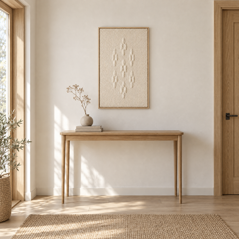 Framed 8 handwoven wool tapestry 60 x 100 cm above an oak console in an entrance hall, Lale Studio Shop