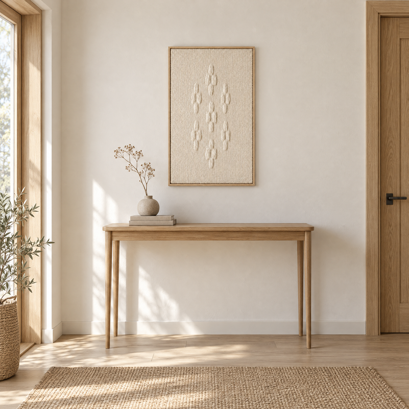 Framed 8 handwoven wool tapestry 60 x 100 cm above an oak console in an entrance hall, Lale Studio Shop