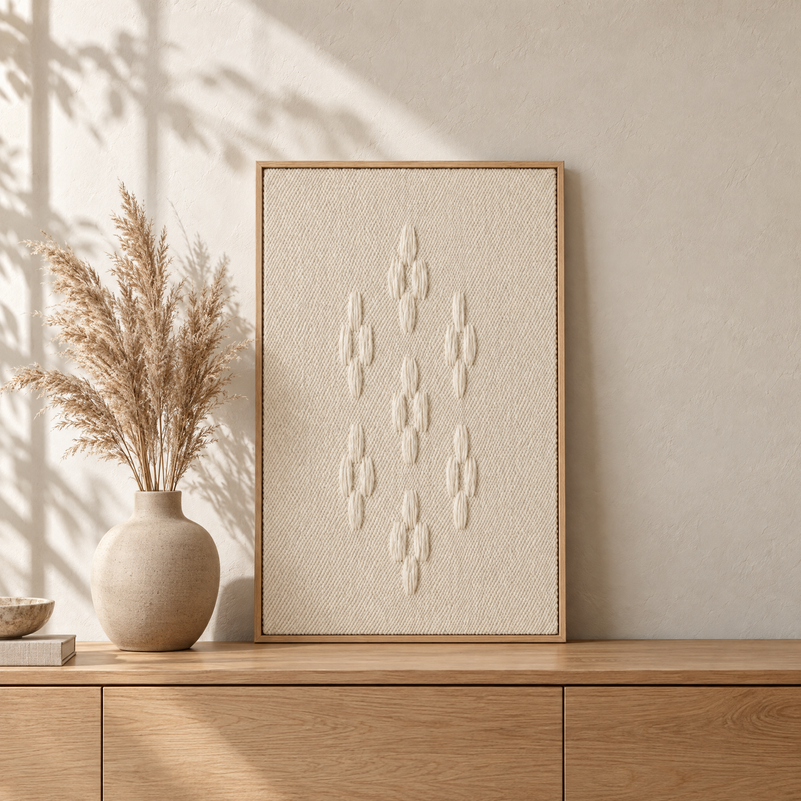 Framed 8 handwoven wool tapestry standing on an oak sideboard in a warm Japandi interior, Lale Studio Shop
