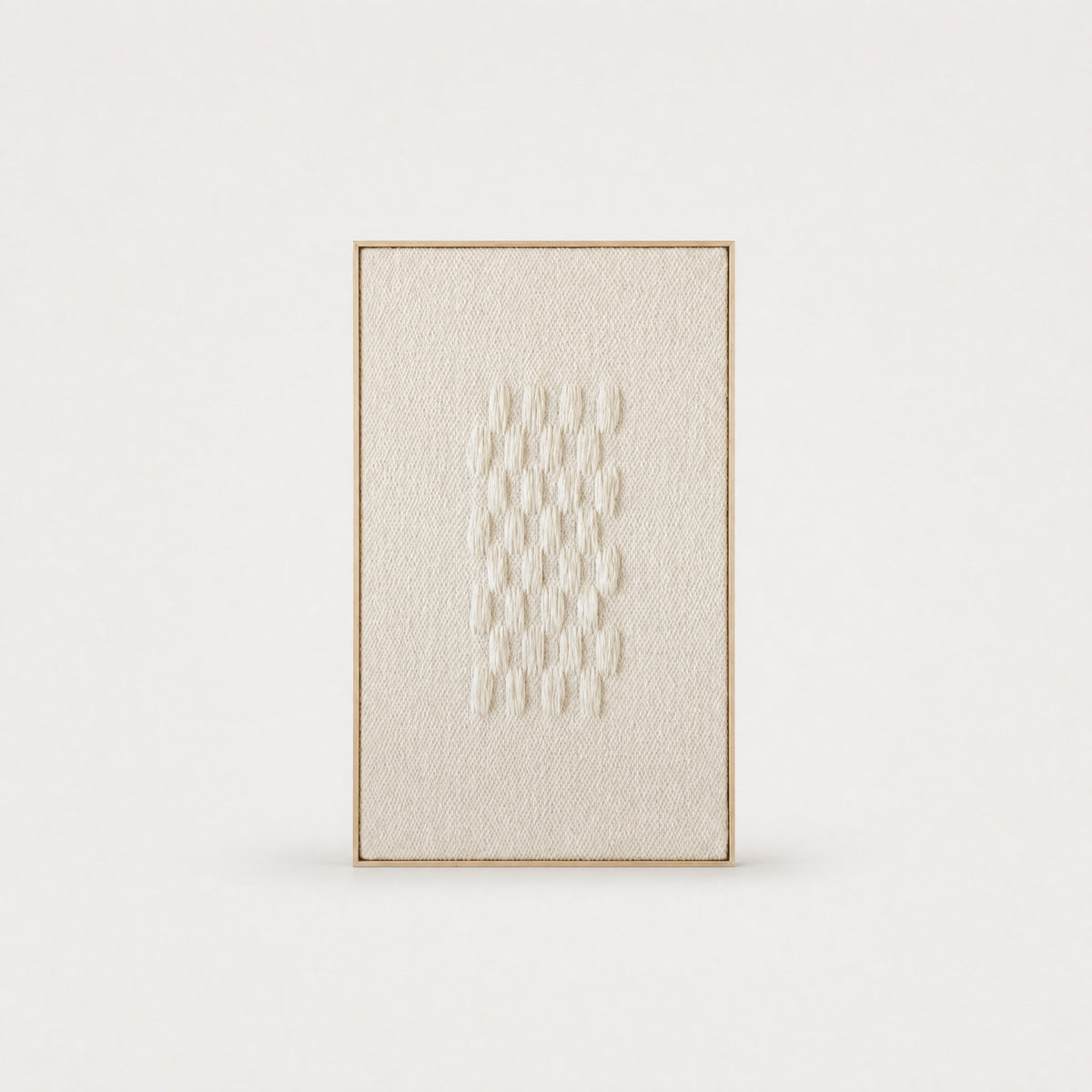 Framed II handwoven two-ply wool tapestry with a calm abstract line composition in soft neutral tones, in a slim pine frame, framed textile wall art by Lale Studio & Shop