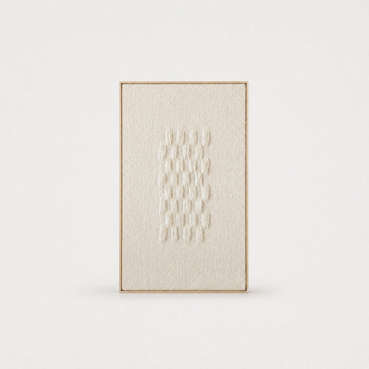 Framed II handwoven two-ply wool tapestry with a calm abstract line composition in soft neutral tones, in a slim pine frame, framed textile wall art by Lale Studio & Shop