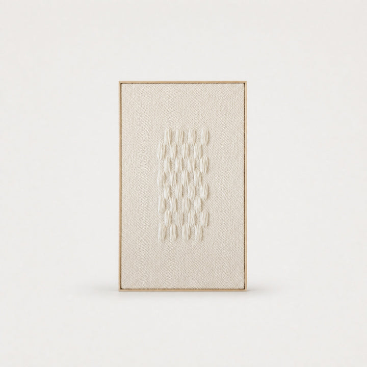 Framed II handwoven two-ply wool tapestry with a calm abstract line composition in soft neutral tones, in a slim pine frame, framed textile wall art by Lale Studio & Shop