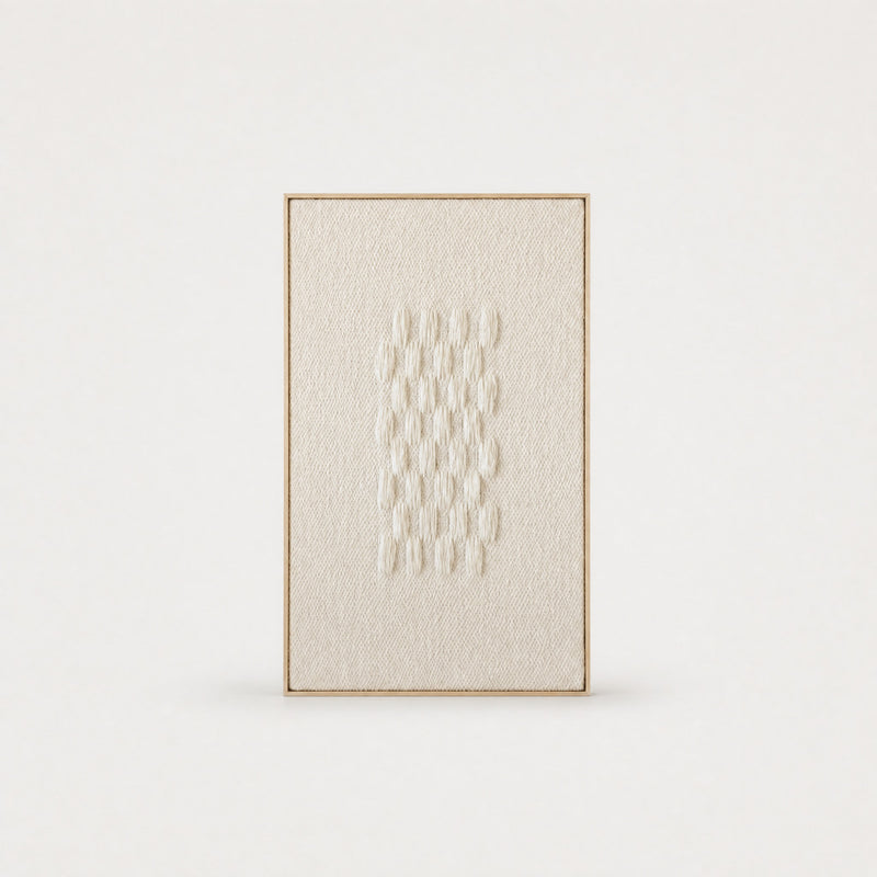 Framed II handwoven two-ply wool tapestry with a calm abstract line composition in soft neutral tones, in a slim pine frame, framed textile wall art by Lale Studio & Shop