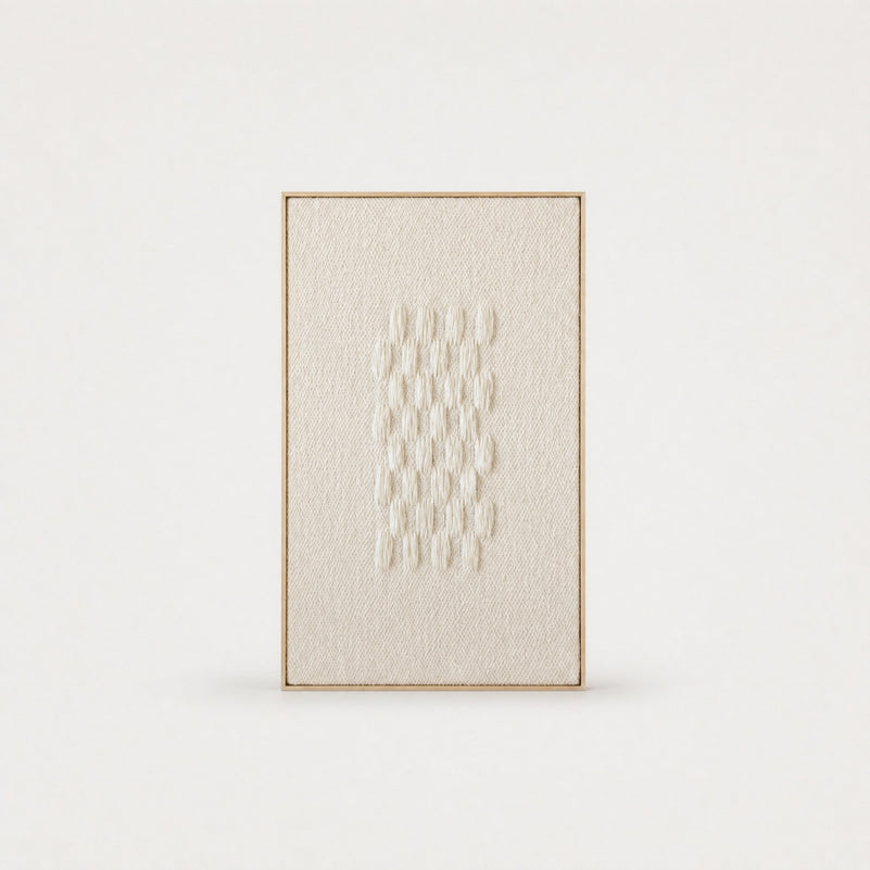 Framed II handwoven two-ply wool tapestry with a calm abstract line composition in soft neutral tones, in a slim pine frame, framed textile wall art by Lale Studio & Shop