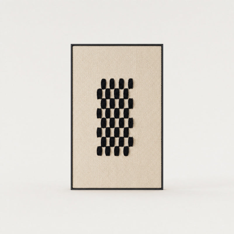 Framed II Black Pattern handwoven two-ply wool tapestry with a deep black geometric grid on a cream ground in a slim pine frame, framed textile wall art by Lale Studio & Shop