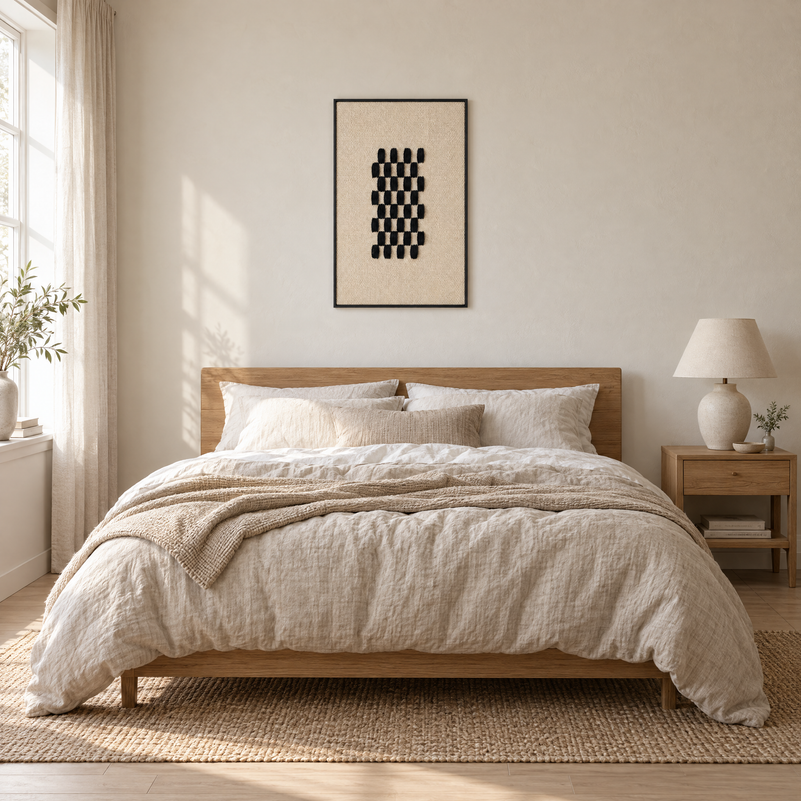 Framed II Black handwoven wool tapestry 60x100 cm above a bed in a bedroom, Lale Studio Shop