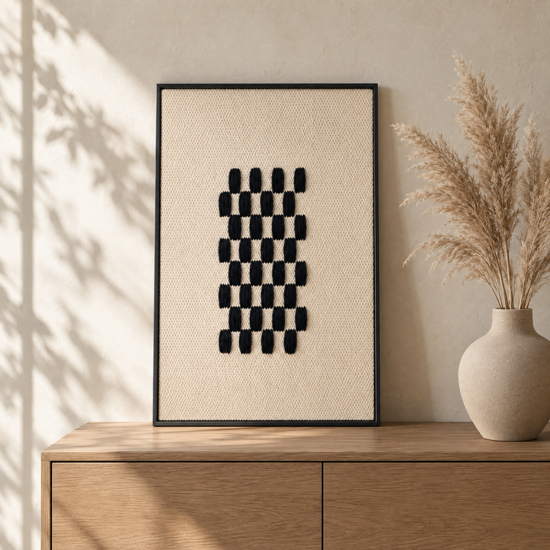 Framed II Black Pattern handwoven wool tapestry standing on an oak sideboard in a warm Japandi interior, Lale Studio Shop