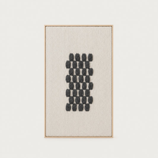 Framed II Gray Pattern handwoven wool tapestry with a charcoal grey geometric grid on a cream ground in a slim pine frame, framed textile wall art by Lale Studio & Shop