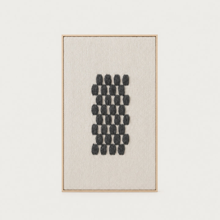 Framed II Gray Pattern handwoven wool tapestry with a charcoal grey geometric grid on a cream ground in a slim pine frame, framed textile wall art by Lale Studio & Shop