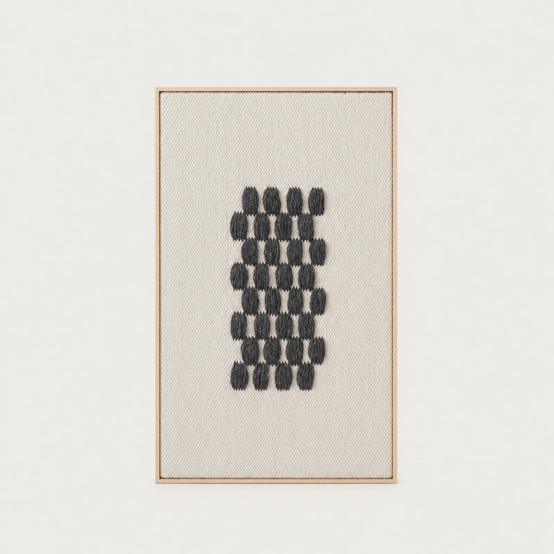 Framed II Gray Pattern handwoven wool tapestry with a charcoal grey geometric grid on a cream ground in a slim pine frame, framed textile wall art by Lale Studio & Shop