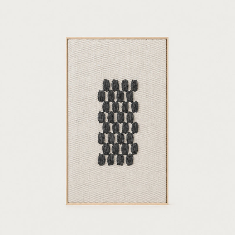 Framed II Gray Pattern handwoven wool tapestry with a charcoal grey geometric grid on a cream ground in a slim pine frame, framed textile wall art by Lale Studio & Shop