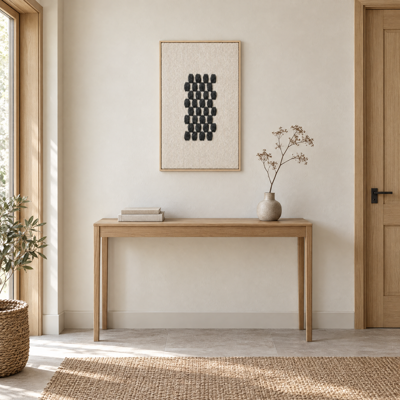 Framed II Gray Pattern handwoven wool tapestry 60x100 cm in an entrance hall above an oak console, Lale Studio Shop