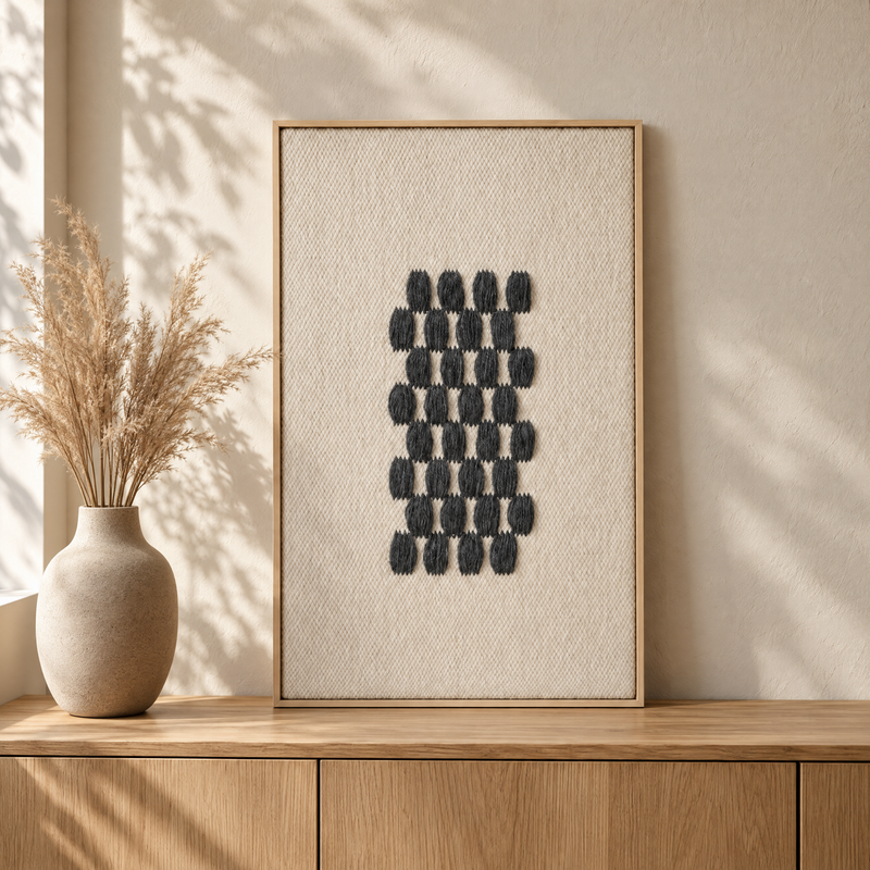 Framed II Gray Pattern handwoven wool tapestry standing on an oak sideboard in a warm Japandi interior, Lale Studio Shop