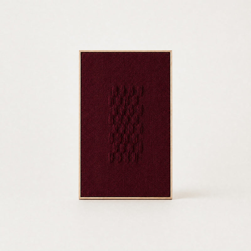 Framed II Wine handwoven two-ply wool tapestry in deep burgundy wine red on natural cream in a slim pine frame, framed textile wall art by Lale Studio & Shop