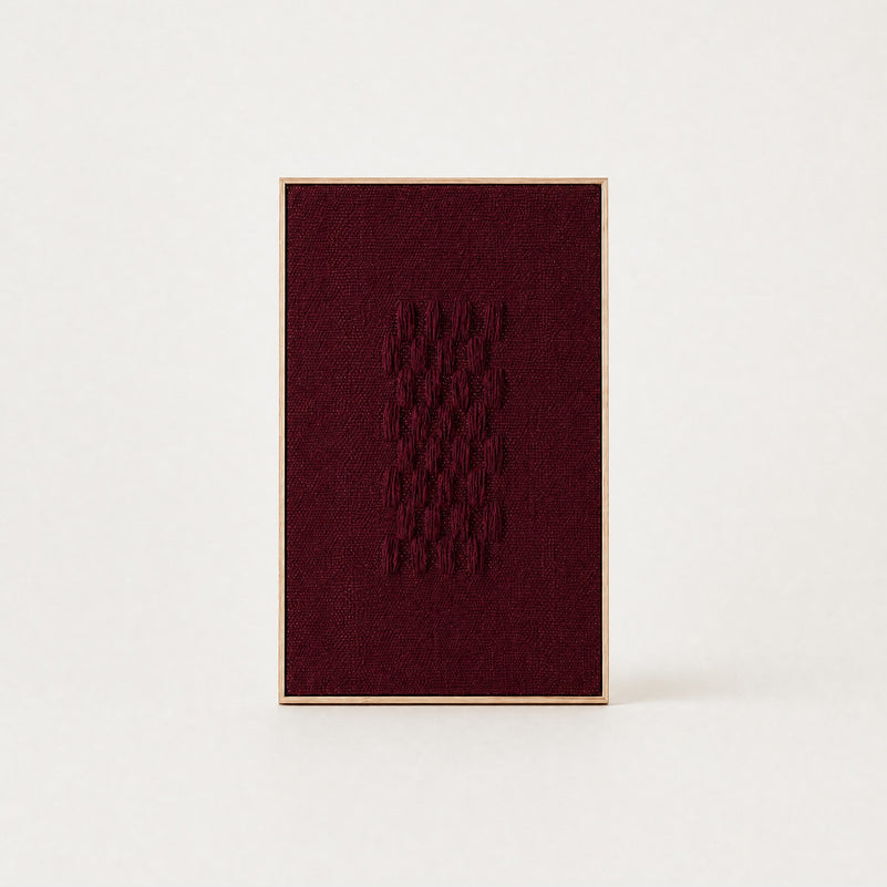 Framed II Wine handwoven two-ply wool tapestry in deep burgundy wine red on natural cream in a slim pine frame, framed textile wall art by Lale Studio & Shop