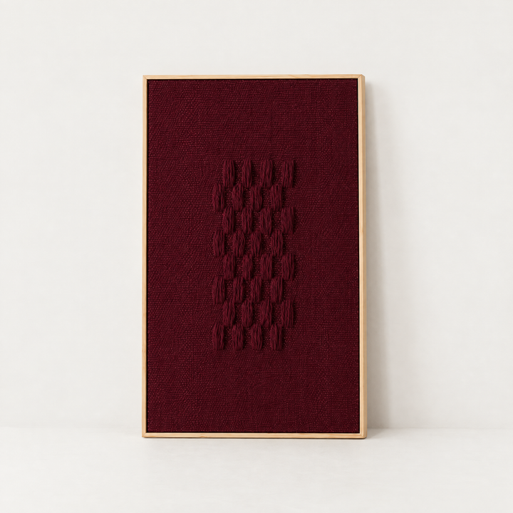 Framed II Wine burgundy handwoven two-ply wool tapestry in a slim pine frame, Lale Studio & Shop