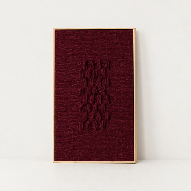 Framed II Wine burgundy handwoven two-ply wool tapestry in a slim pine frame, Lale Studio & Shop