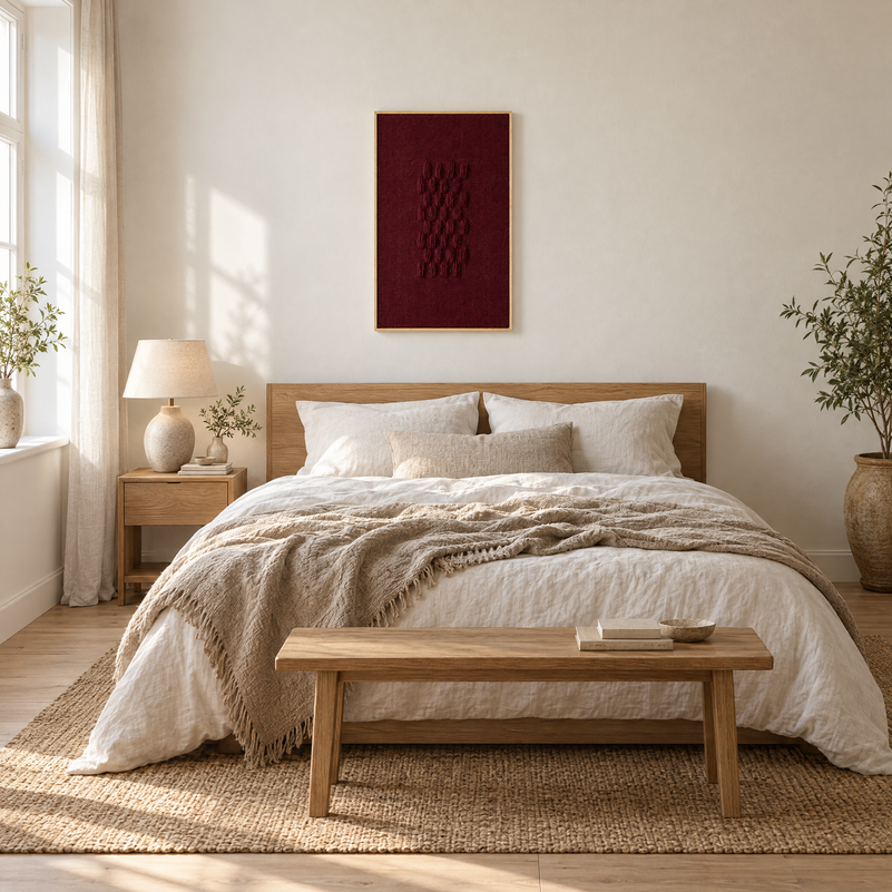 Framed II Wine burgundy handwoven wool tapestry 60x100 cm above a bed in a bedroom, Lale Studio Shop